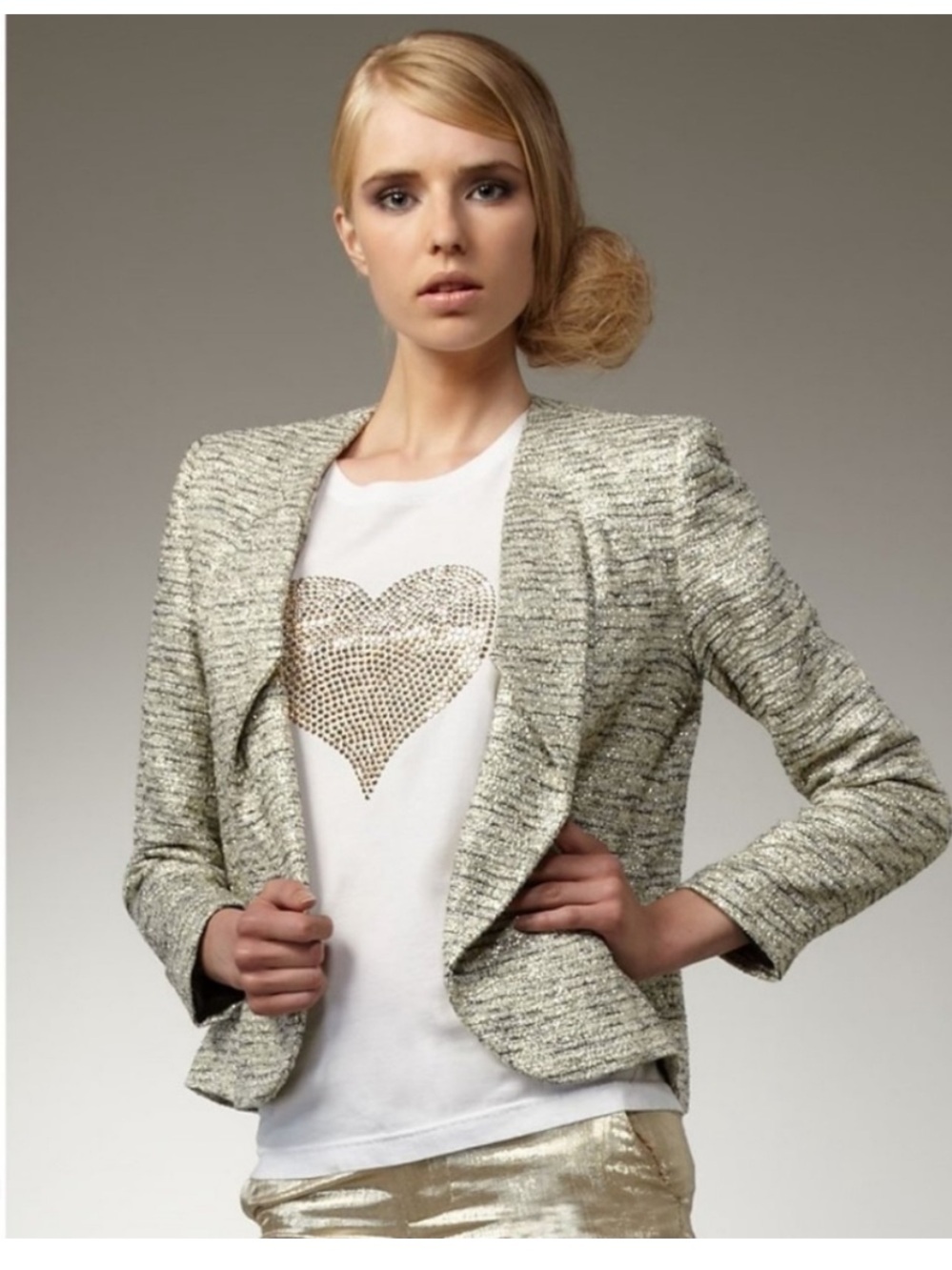 Alice + Olivia Metallic Tweed Open-Front Blazer in Silver and Cream